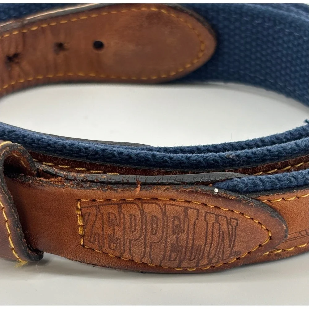 VTG Zeppelin Fish Canvas Leather Belt Size 46 Solid Brass Buckle Made In USA